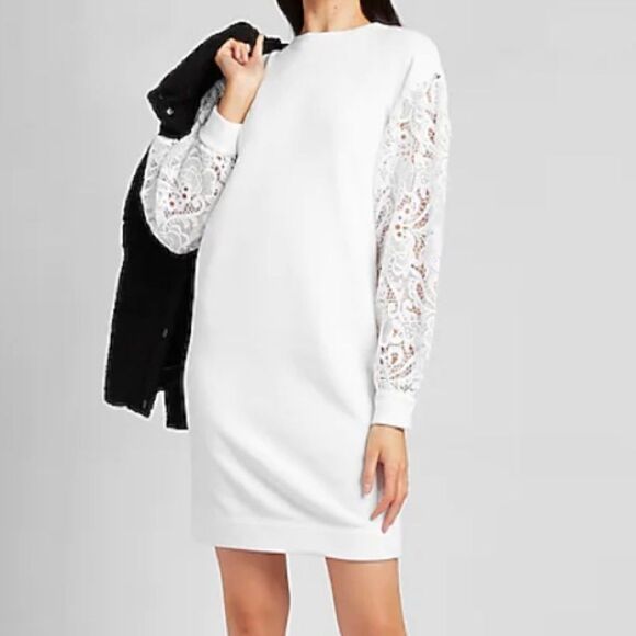 Express Lace Sleeve Cotton Sweatshirt Dress NWT - Picture 1 of 7